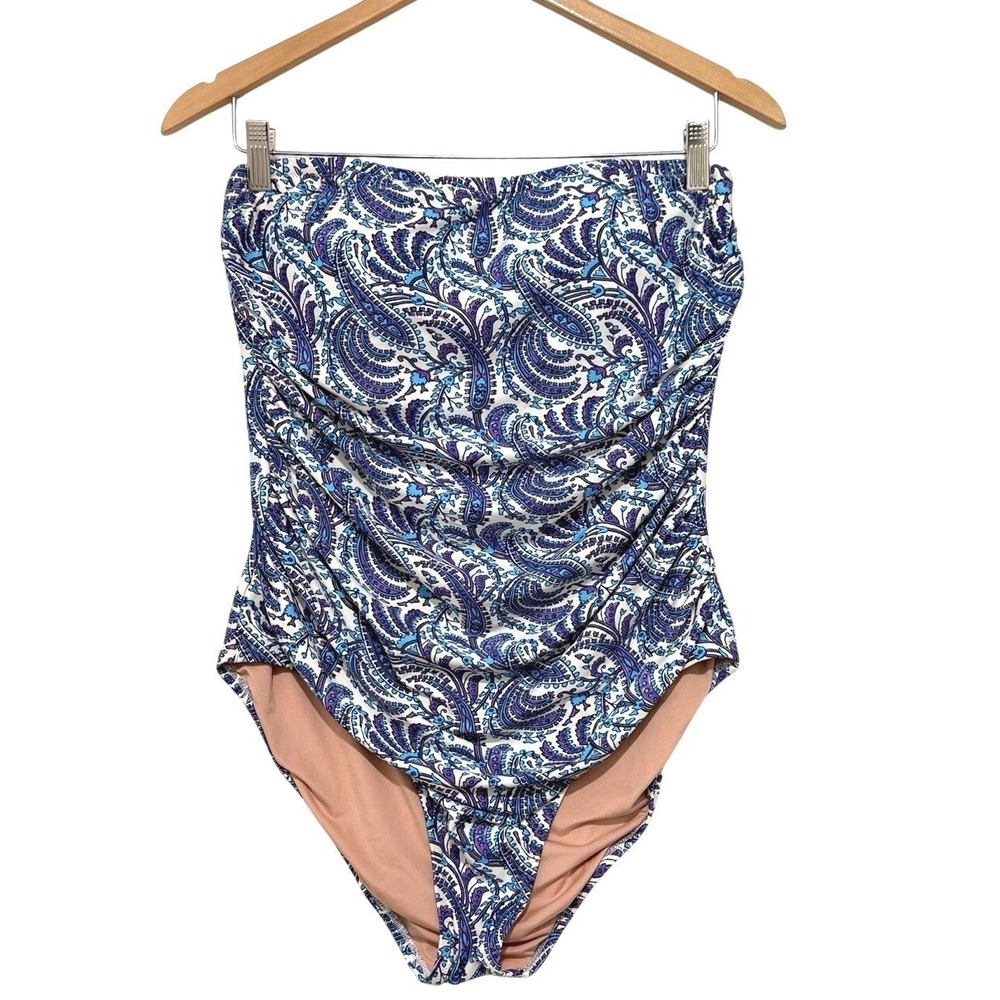 J Crew One Piece Swim Bathing Suit 12 Paisley Ruched Bandeau Purple Blue White